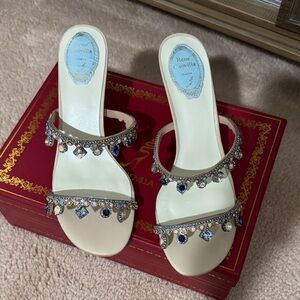 Rene Caovilla Cream and Blue Embellished Sandals